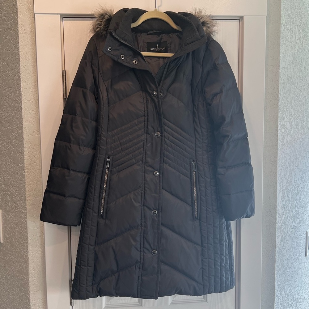 London Fog Hooded Faux Fur Trim Cozy Down Winter Longline Puffer Coat Size Small